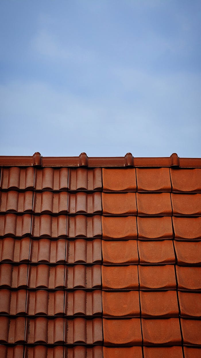 Close-up view of a tiled roof contrasting with a clear blue sky.